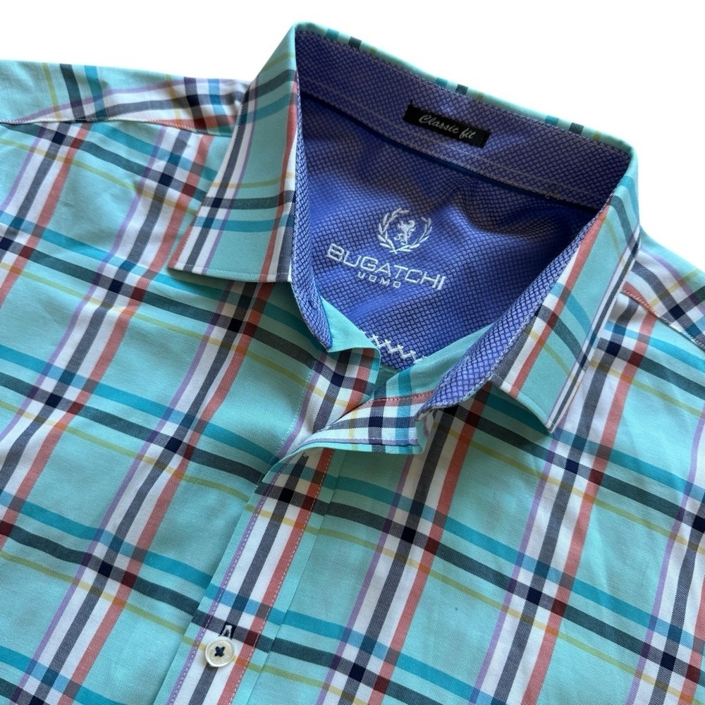 Bugatchi Uomo Shirt Mens 2XL Aqua Teal Plaid Classic Fit Button-Up Business READ